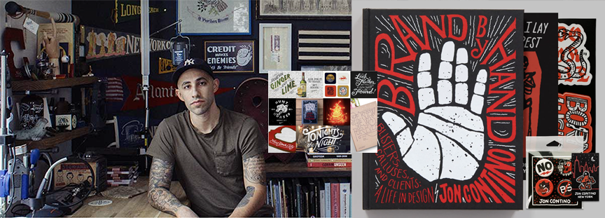 Jon Contino in his New York Studio with his Book and Typography work.